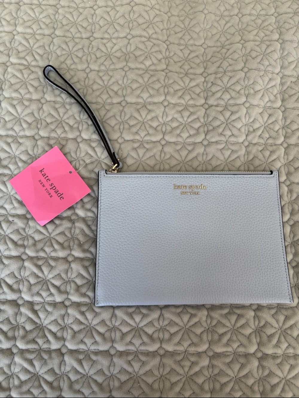 kate spade Light Gray Pebbled Leather Wristlet with Black Strap